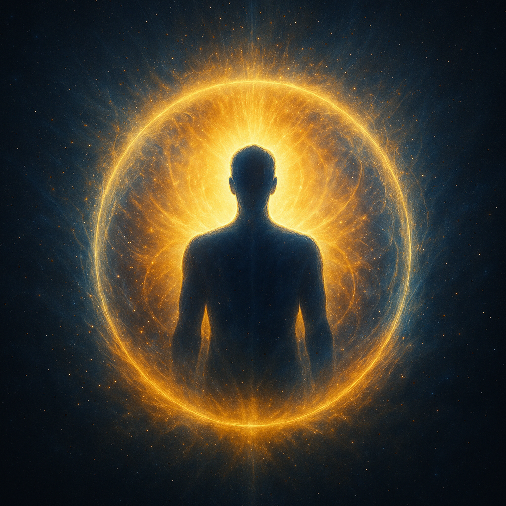 Human resonance field visualization, a glowing energy halo surrounding a human silhouette